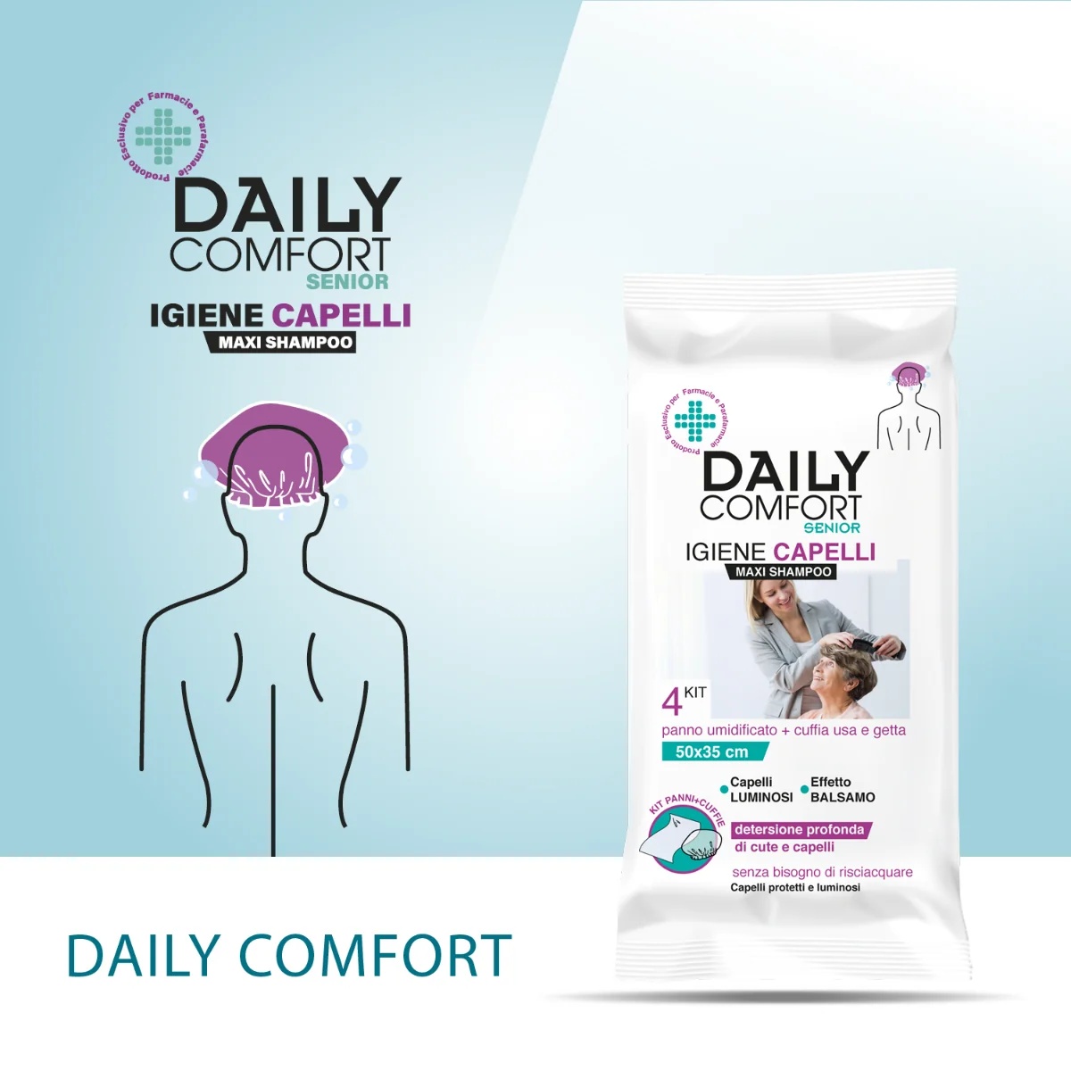 Lenços umedecidos Daily Comfort Senior para limpeza capilar, pacote com 4 unidades.