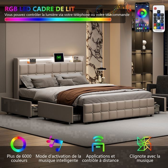 Letto matrimoniale EIFSON 180 x 200 cm con rete a doghe, illuminazione a LED e porta USB, 4 cassetti, rivestimento in lino, colore beige.