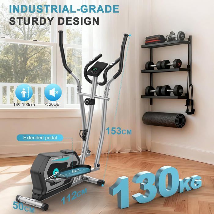 Elíptica silenciosa 3 en 1, 16 niveles de resistencia, peso máximo 130 kg, pantalla LCD, aplicación, ideal para entrenamiento cardiovascular en casa, color azul plateado.