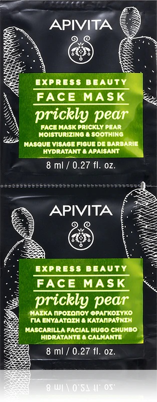 Apivita Express Beauty mitrinošā sejas maska ar opuncijas un nomierinošo sejas masku ar mitrinošām īpašībām.