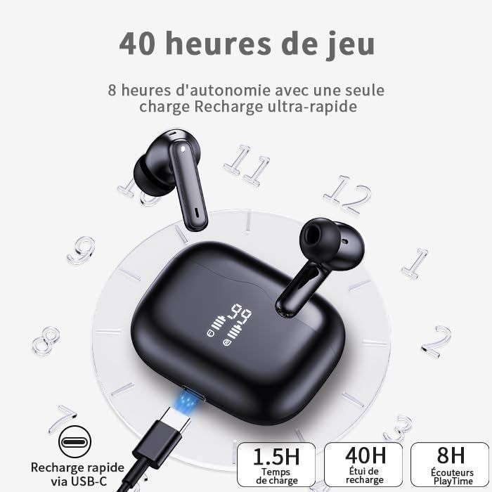 Auriculares inalámbricos Bluetooth 5.4, estéreo HiFi con micrófono con cancelación de ruido, 40 horas de autonomía, pantalla LED, resistencia al agua IP7 - Negro