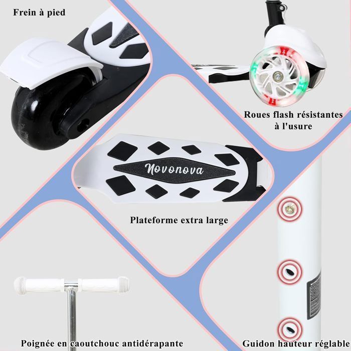 Monopattino pieghevole con 3 ruote illuminate a LED per bambini dai 2 ai 5 anni, manubrio regolabile in altezza su 3 posizioni, colore bianco.