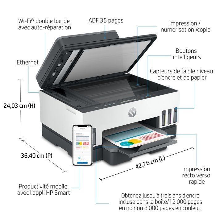 Imprimante Tout-en-un HP Smart Tank 7305 - Jet d'encre thermique - Couleur - A réservoir d'encre