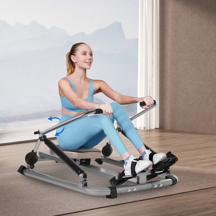Máquina de remo hidráulica totalmente móvil y ajustable con asiento blando, pantalla LCD y riel largo para remar, plegable, resistencia