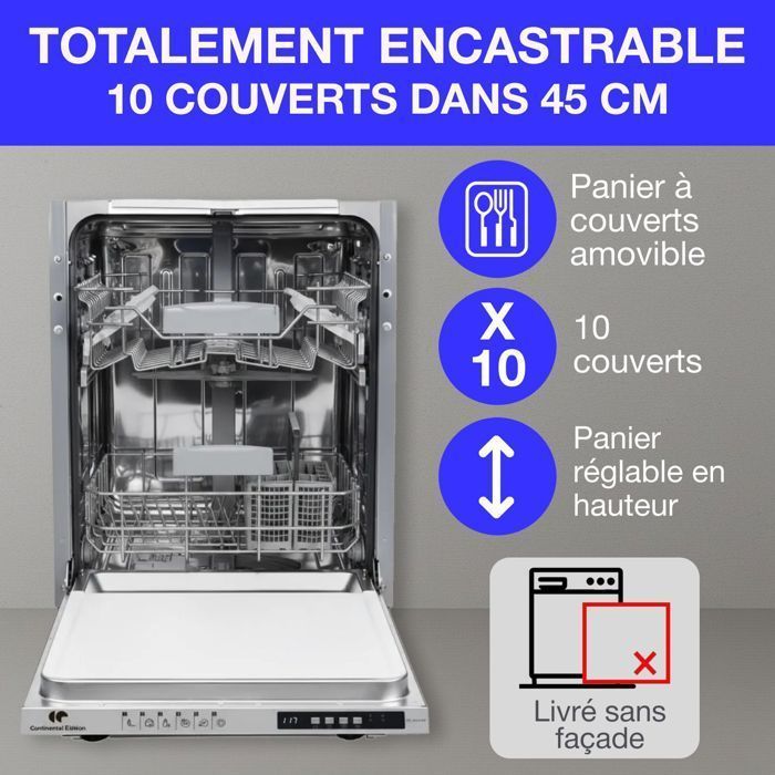 Lavavajillas integrable CONTINENTAL EDISON CELV1045FI - 10 servicios - Ancho 44,8 cm - Clase energética D - 45 dB - Blanco