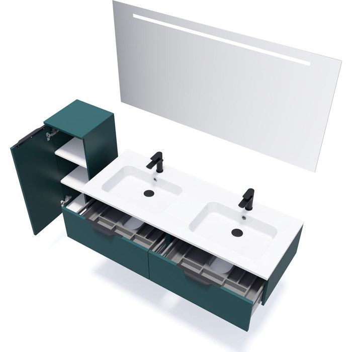 Conjunto de baño con doble lavabo de 140 cm con 2 cajones, azul + espejo + columna izquierda - Soho