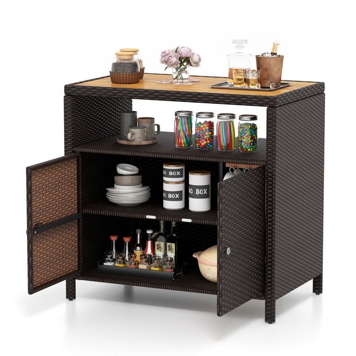 COSTWAY Coffre de Rangement en Rotin avec Plateau en Acacia, 2 Portes, Armoire de Jardin en Osier pour Piscine Terrasse Patio, Brun