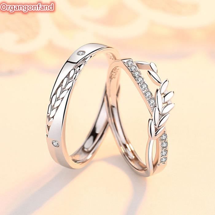 Anillo para parejas - Plata de ley 925 - Trigo de la felicidad - Apertura ajustable - Regalo de San Valentín