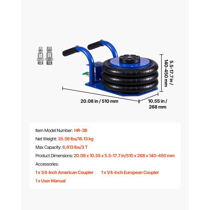 Gato neumático Duoku 3T - Rango de elevación de 140 a 450 mm - para coches, todoterrenos, talleres y garajes