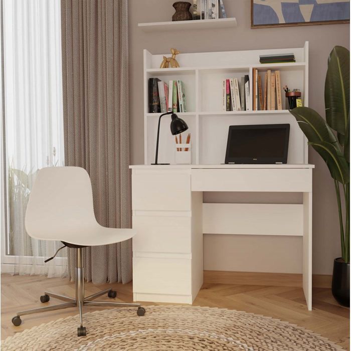 Bureau 4 tiroirs avec surélévation 4 étagères blanc 146x51x98 cm