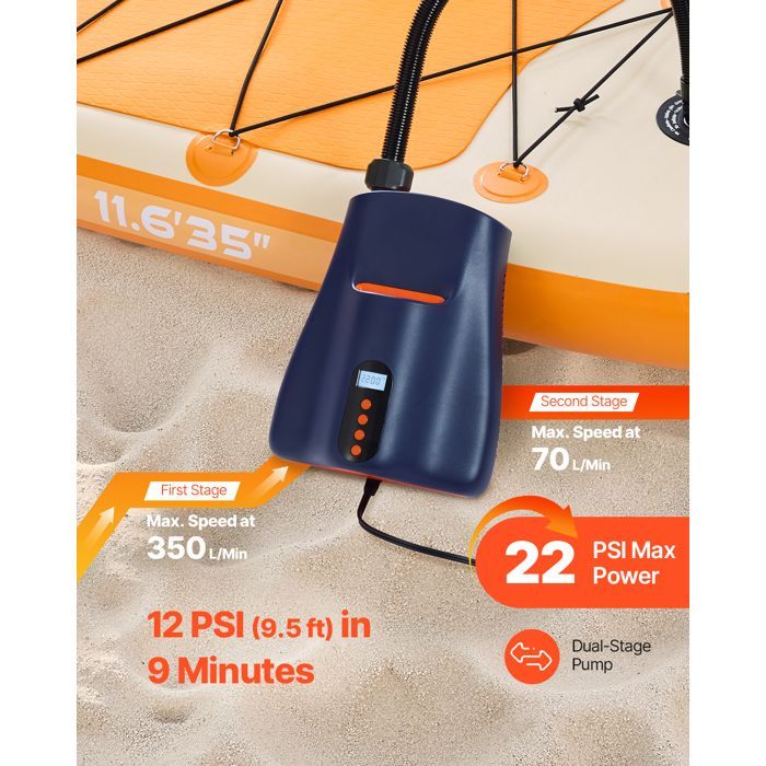 Bomba de aire VEVOR de alta presión (22 psi) para tablas de paddle surf (SUP), con conector para encendedor de cigarrillos y apagado automático.