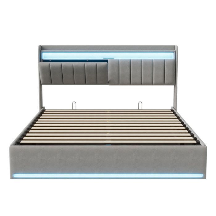 140 x 200 cm storage bed with slatted base, double bed with LED lighting and power strip, storage in the upholstered headboard, 140x200 cm velvet bed