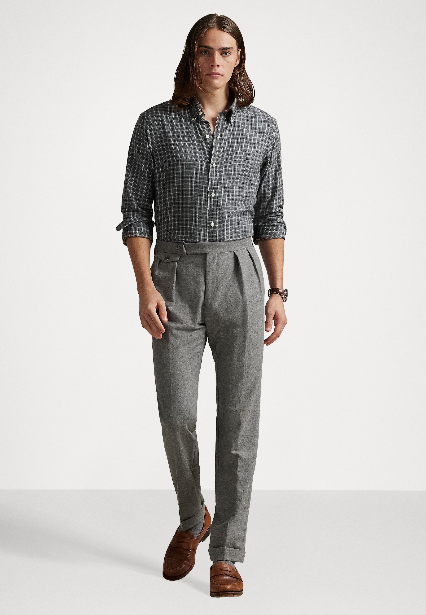 Chemise Polo Ralph Lauren coupe personnalisée en sergé à carreaux - Gris chiné multicolore