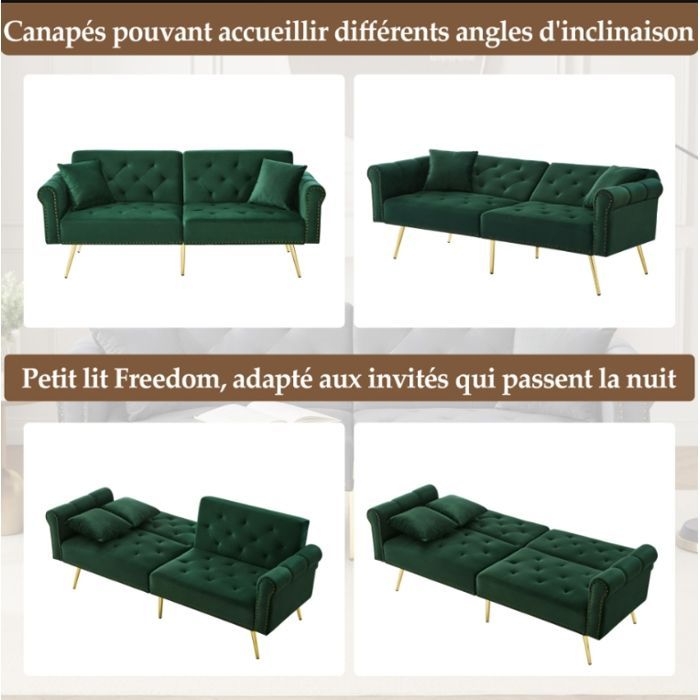 Sofá convertible - RAVAS - Sofá de 2 plazas - Terciopelo verde - Respaldo ajustable - Espacio de almacenamiento