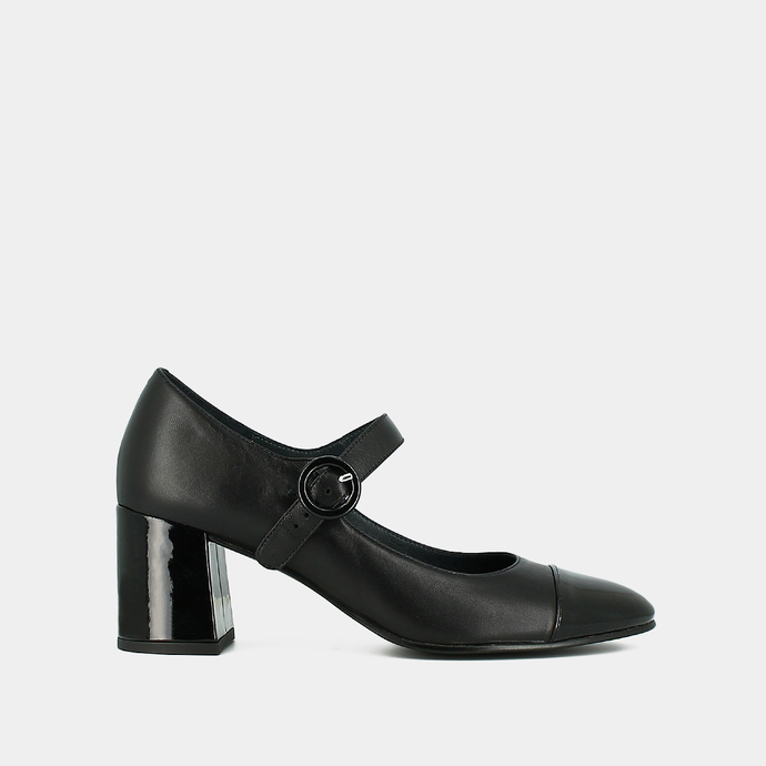 Babies à talons  en vernis et cuir noir