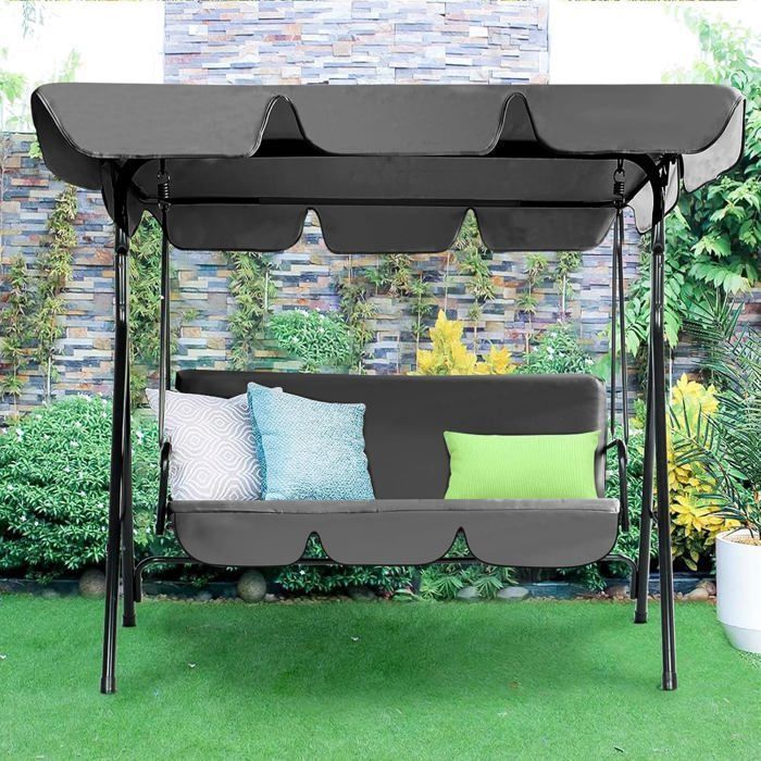 Columpio de jardín YODOLLA de 3 plazas con toldo ajustable - 172 x 112 x 150 cm - Metal - Gris