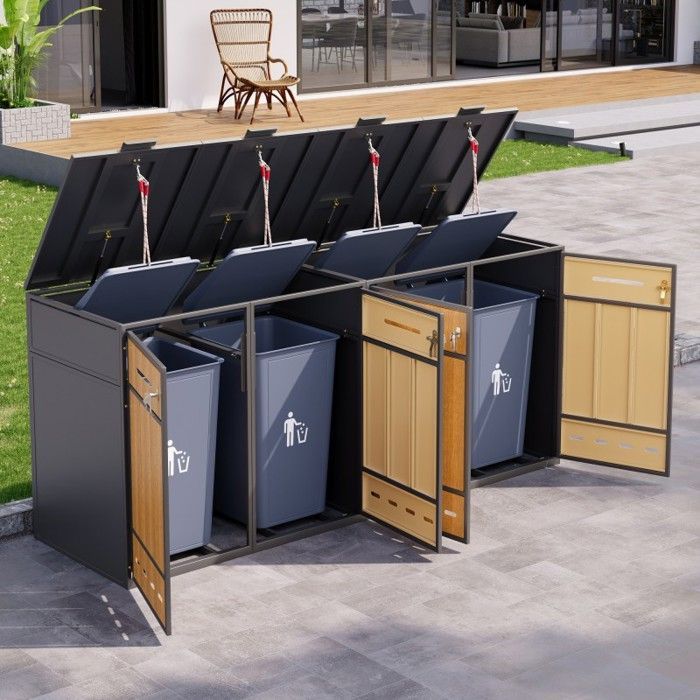 Cache-poubelle extérieur - LANGTU - 4x120–240L - Acier aspect bois - Verrouillable - Aération intégrée