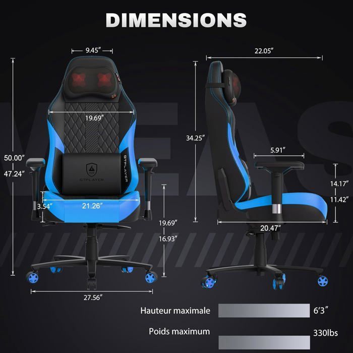 Silla gaming GTPLAYER con masaje, silla de oficina ergonómica con respaldo ancho y reposabrazos 4D, azul