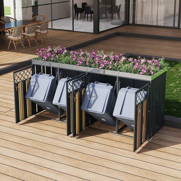 Contenitore per rifiuti LANGTU - 4 scomparti con fioriera - Acciaio zincato - Ante effetto legno - Ventilato e chiudibile a chiave