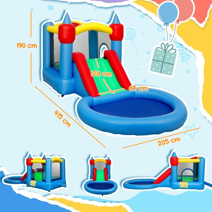 Castillo hinchable 4 en 1 - AIYAPLAY - tobogán, canasta de baloncesto, piscina de bolas - soplador de 370 W - 415 x 205 x 190 cm