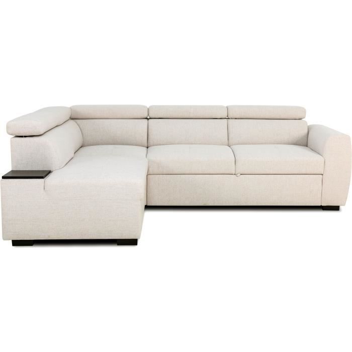 Sofá esquinero convertible reversible - 4/5 plazas - KELIO - Tela beige - 3 reposacabezas - 245 x 184 x 77/87 cm