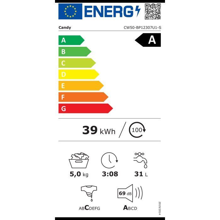 Lave-linge hublot CANDY CW50-BP12307U1-S - 5kg - 1200 tours/min - Classe A - Connecté - Blanc