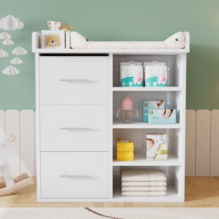 Commode à langer - Blanc pur - 3 tiroirs - Espace latéral - Étagères réglables - Espace à langer sécurisé
