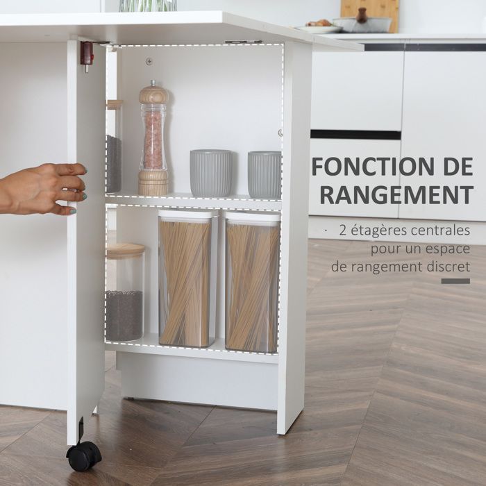 Table pliante de cuisine - HOMCOM - sur roulettes 2 étagères intégrées mobilier - bois - 75x140x74cm - blanc