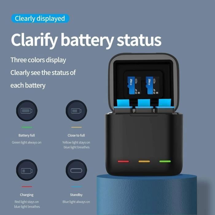 Lot de 2 Batteries et 3 canaux Chargeur Rapide pour GoPro Hero 12 Hero11/10/9 Entièrement Compatible avec Chargeur d'origine.