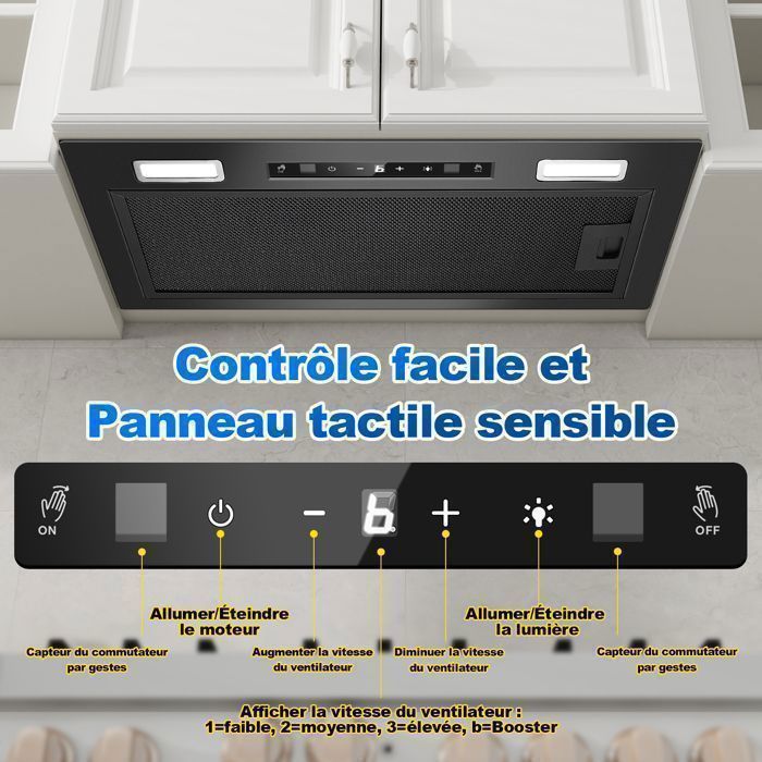 Cappa aspirante da incasso - 750 m³/h, larghezza 52 cm - Comandi gestuali e touch - Funzione Booster - Ricircolo con filtro a carboni attivi - Classe energetica A+++