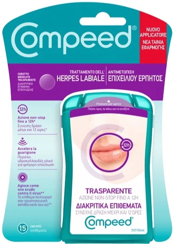 COMPEED Patchs Compeed contre l'herpès labial, 15 patchs transparents avec applicateur, préviennent la formation de croûtes gênantes