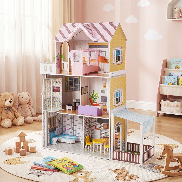Maison de Poupée COSTWAY en Bois - 16 Accessoires avec 3 Étages  pour Filles et Garçons dès 3 Ans 102 x 34 x 120,5 cm (L x l x H)