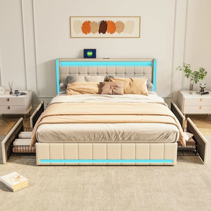 Cama doble de 180x200 cm con somier de láminas, cabecero con LED y puertos USB, 4 cajones, tapizada en tela de lino, color beige.