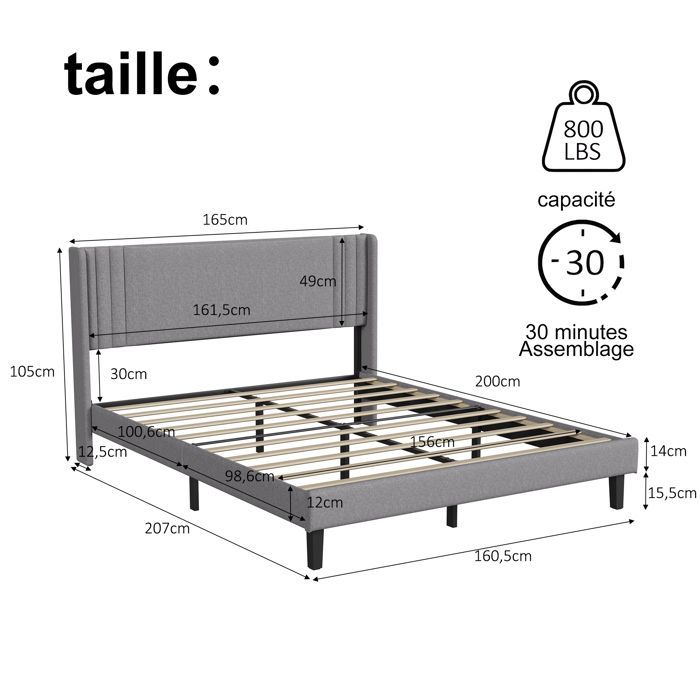 Double bed - Grey linen - 160x200 cm - Slatted bed base included - Upholstered headboard