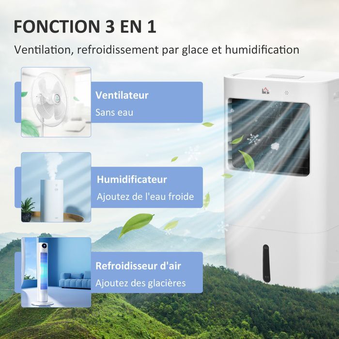 Enfriador de aire - HOMCOM - Enfriador de aire evaporativo portátil 3 en 1 con oscilación, 3 velocidades, control remoto y temporizador de 8 horas - Blanco