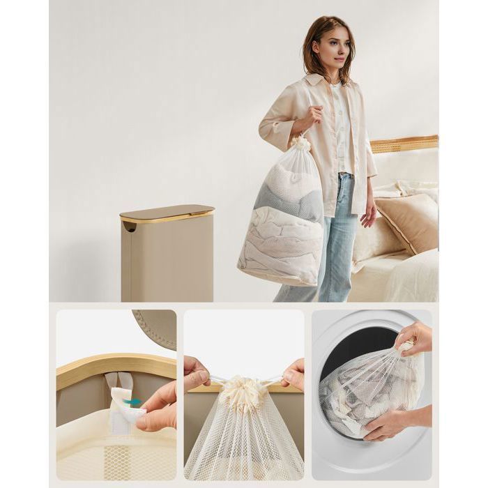 Cesto de ropa delgado SONGMICS con tapa, 65 L, forro de malla extraíble, tela Oxford, plegable, 42 x 22,5 x 70,5 cm, marrón