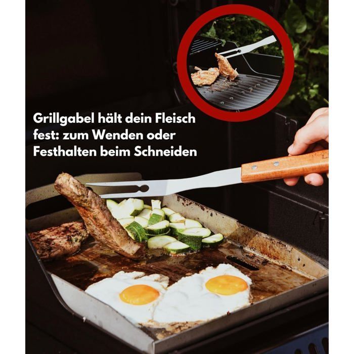 FEBEST 4-Piece Barbecue Accessory Set - Brush, Fork, Tongs, Spatula - Stainless Steel