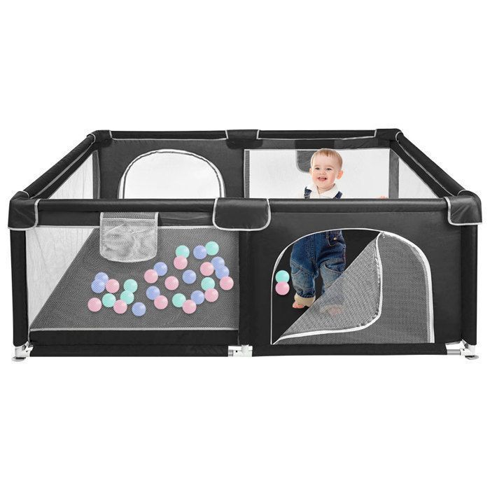 Parque infantil de 160x120 cm - MIPAN - Parque de actividades para niños con base - Plegable - Parque XL para niños pequeños con puerta con cremallera - Negro