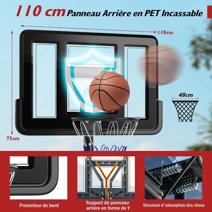 Aro de baloncesto independiente para adultos COSTWAY - 12 niveles, alturas de 2,32 a 3,05 m - Tablero irrompible de 110 cm - Almacenamiento de balones