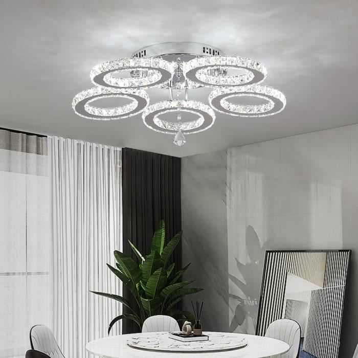 Lustre en cristal moderne LED 5 anneaux luminaires encastré en acier inoxydable pendentif plafonnier