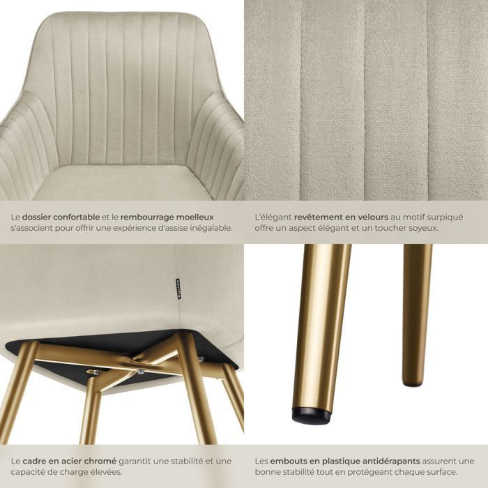 Chaise - TECTAKE - Fauteuil de salle à manger MARYLIN aspect velours et matelassé avec pieds en acier doré - Crème/Or