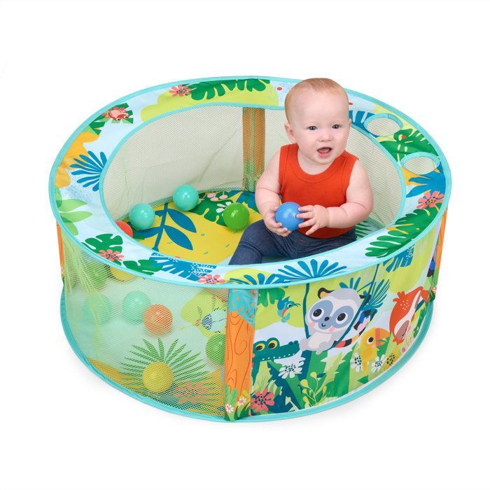 BRIGHT STARTS - Piscina di palline pieghevole a tema foresta pluviale con borsa per il trasporto inclusa, 20 palline