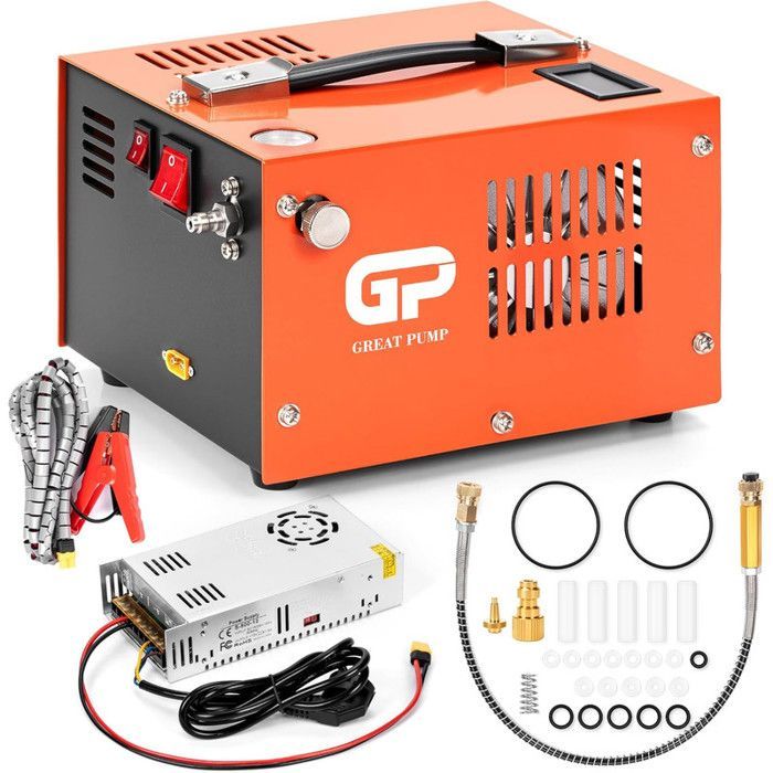 Portable PCP Compressor 4500 PSI / 30Mbar, Dual Power Supply 12V DC and 220V 300W 68L/min, Built-in Fan, Display