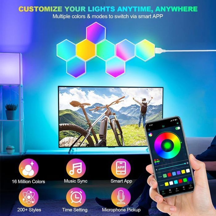 Kuusikulmainen seinävalaisin, LED-pelivalaisin, älykäs RGB, 16 miljoonaa väriä, sovellusohjaus (8 kpl) Monipuolinen kuusikulmainen seinävalaisin