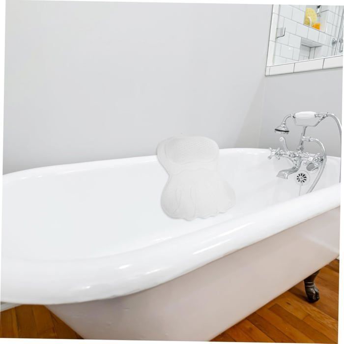 Cuscino ergonomico da bagno con poggiatesta, comodo per testa e collo, accessorio per spa, in rete traspirante e facile da pulire.