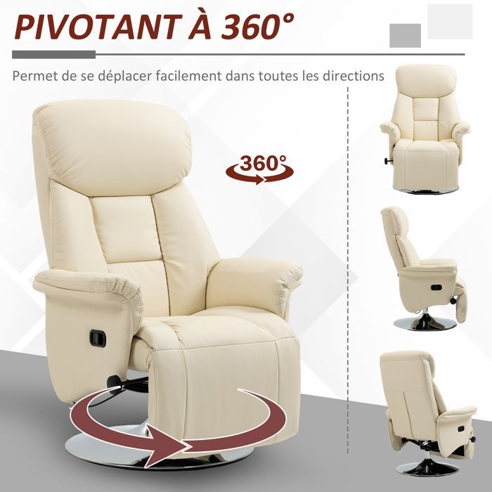 Sillón de relajación - HOMCOM - reclinable, giratorio, reposapiés ajustable - hasta 150 kg - para salón, dormitorio, cine en casa - color crema