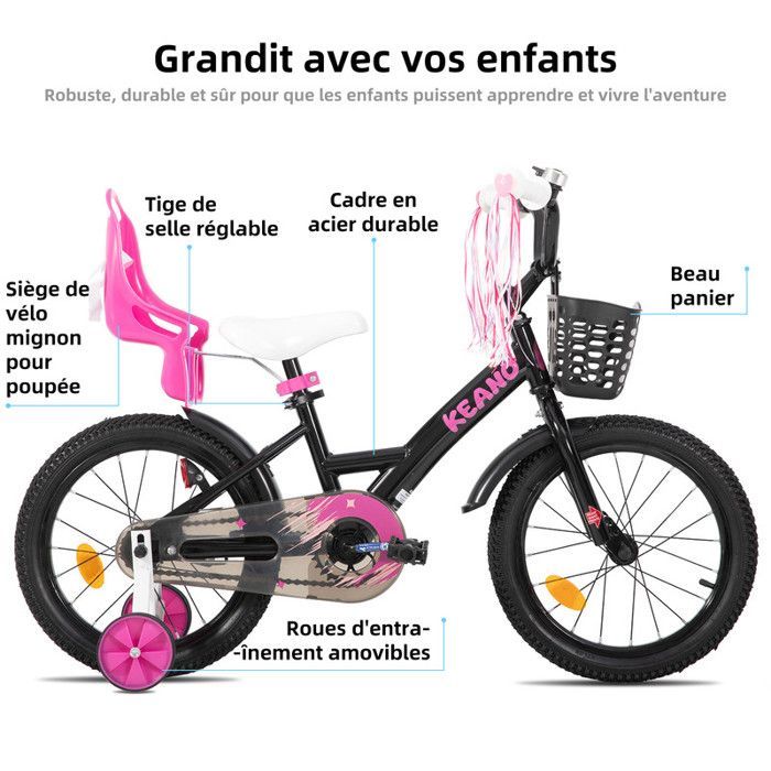 Vélo pour enfants - JOYSTAR - 14 pouces - Avec panier et roues d'entraînement -Convient aux enfants âgés de 3 à 5 ans-Adorable- Noir
