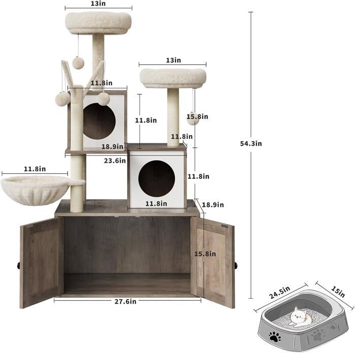 Arbre à Chat avec Maison de Litière, Meuble de Toilette en Bois avec Tour à Chat, Griffoir Perchoir, Plateformes - Gris