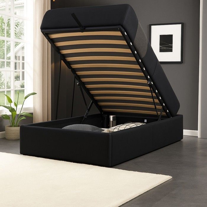 Lit Coffre - NUIT D'OR - Manon - Noir - 90x200 cm - 12 Lattes - PVC Simili