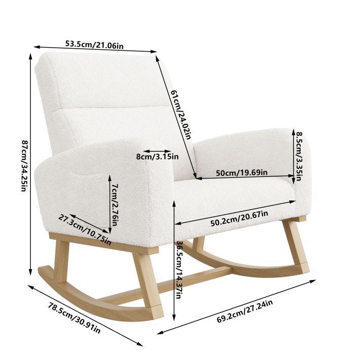 Sedia a dondolo, sedia a dondolo per allattamento, gambe in legno massello, velluto effetto orsacchiotto, stile scandinavo, bianca